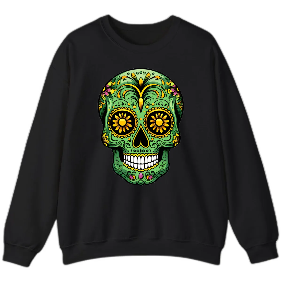 Vibrant Calavera Skull With Floral Accents Sweatshirt in Black