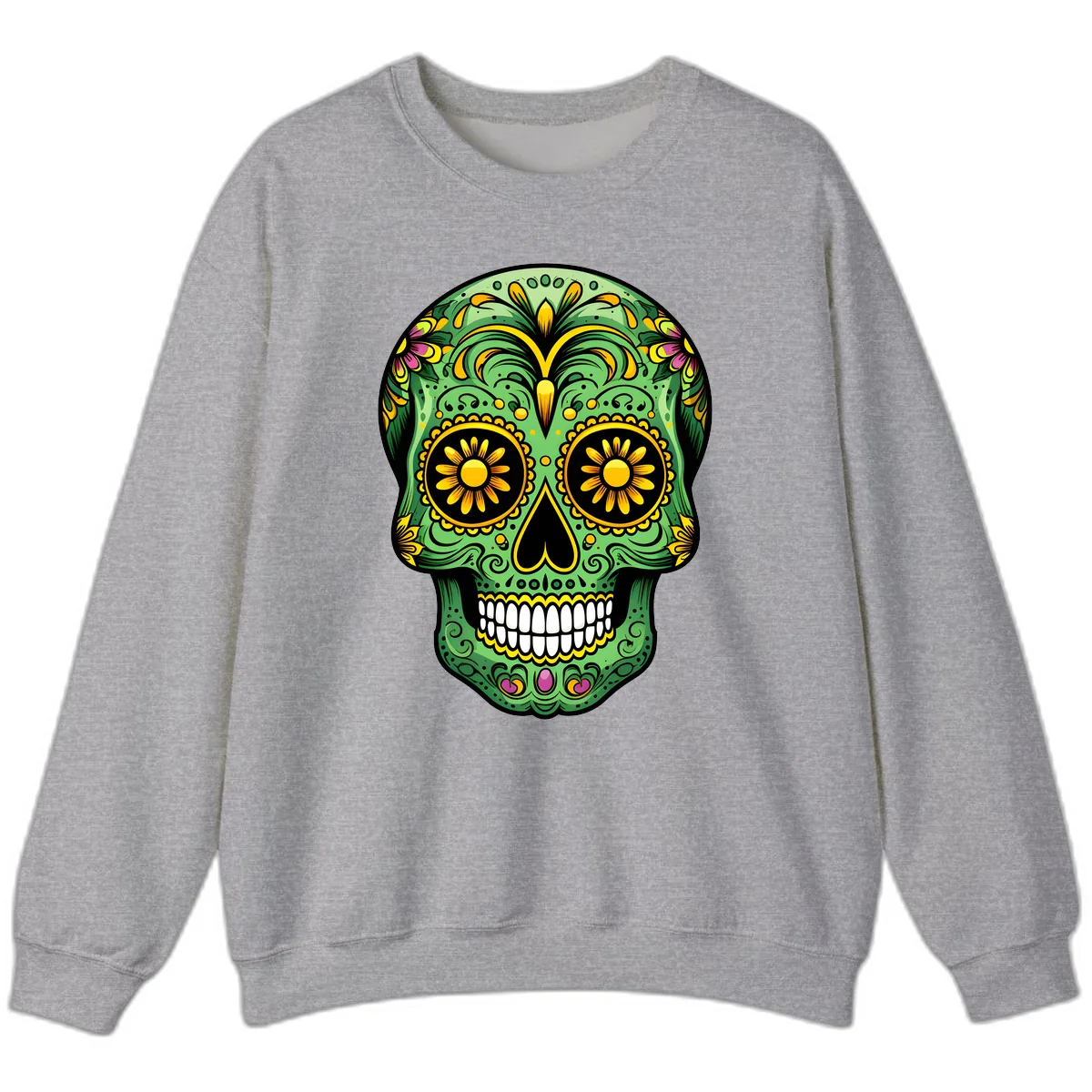 Vibrant Calavera Skull With Floral Accents Sweatshirt in Sport Grey