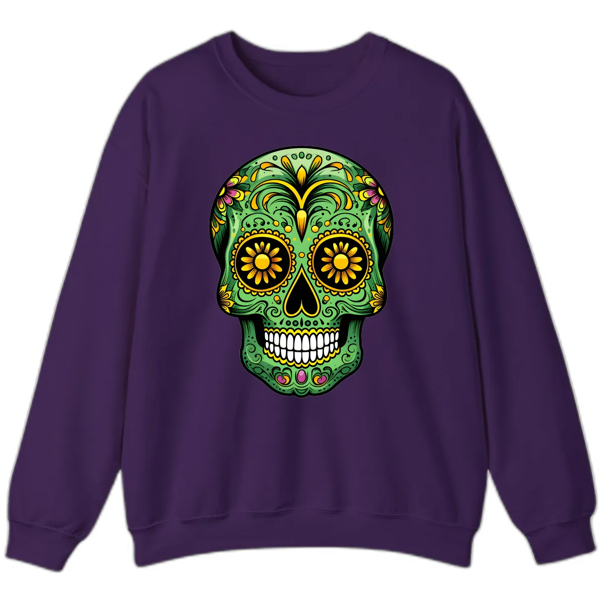 Vibrant Calavera Skull With Floral Accents Sweatshirt in Purple