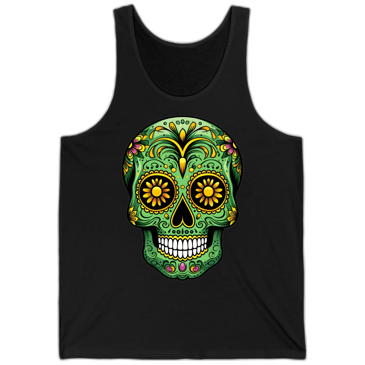 Vibrant Calavera Skull With Floral Accents Tank in Black