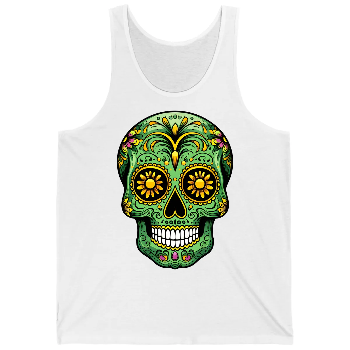 Vibrant Calavera Skull With Floral Accents Tank in White