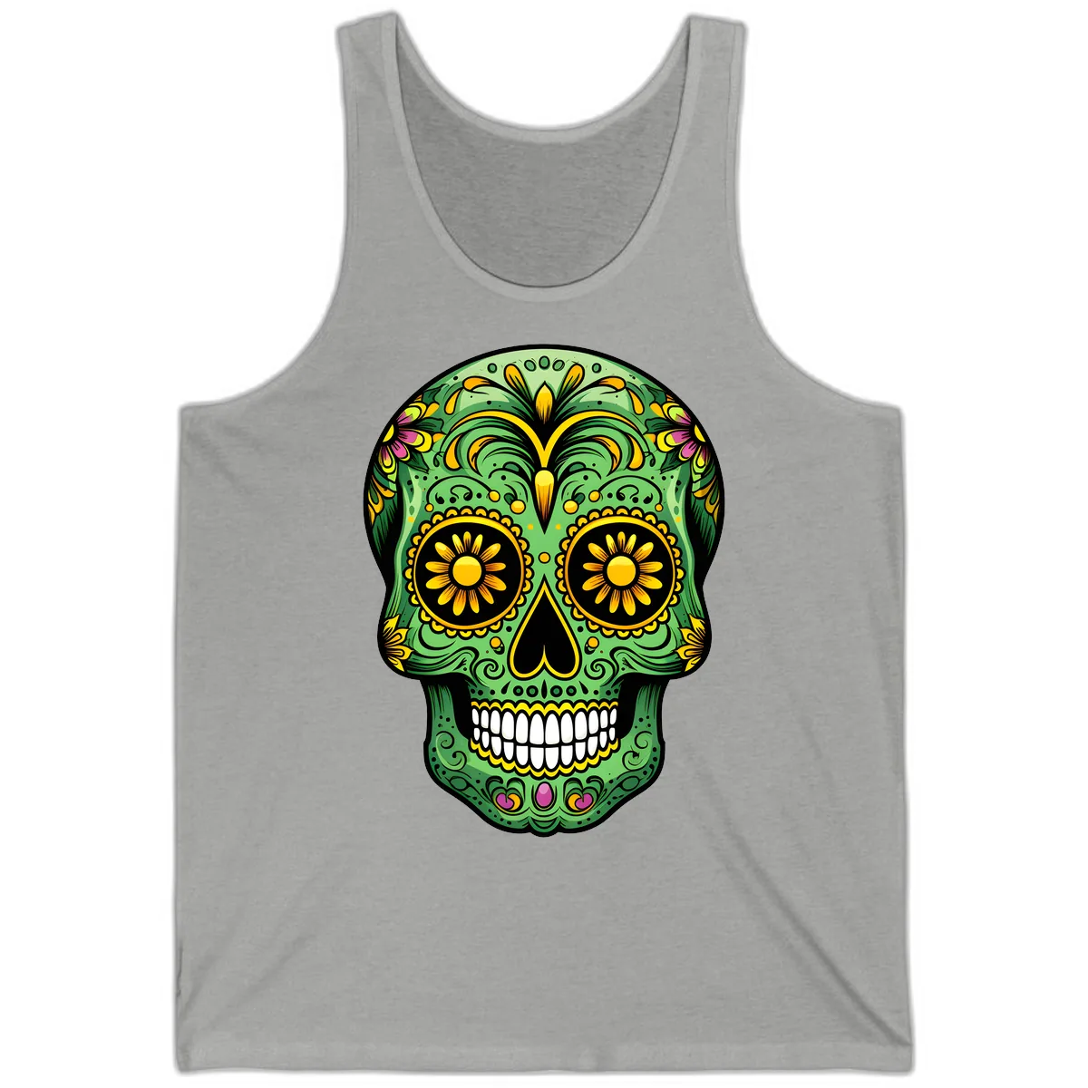 Vibrant Calavera Skull With Floral Accents Tank in Athletic Heather