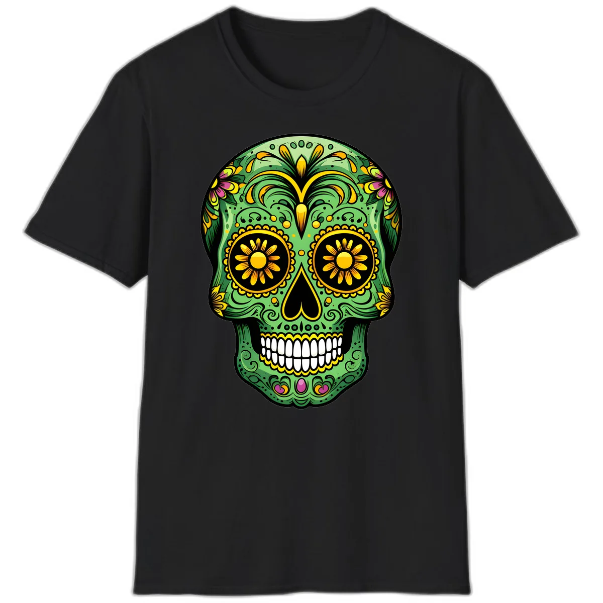 Vibrant Calavera Skull With Floral Accents T-Shirt in Black