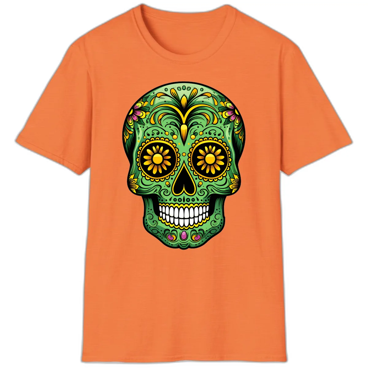 Vibrant Calavera Skull With Floral Accents T-Shirt in Heather Orange
