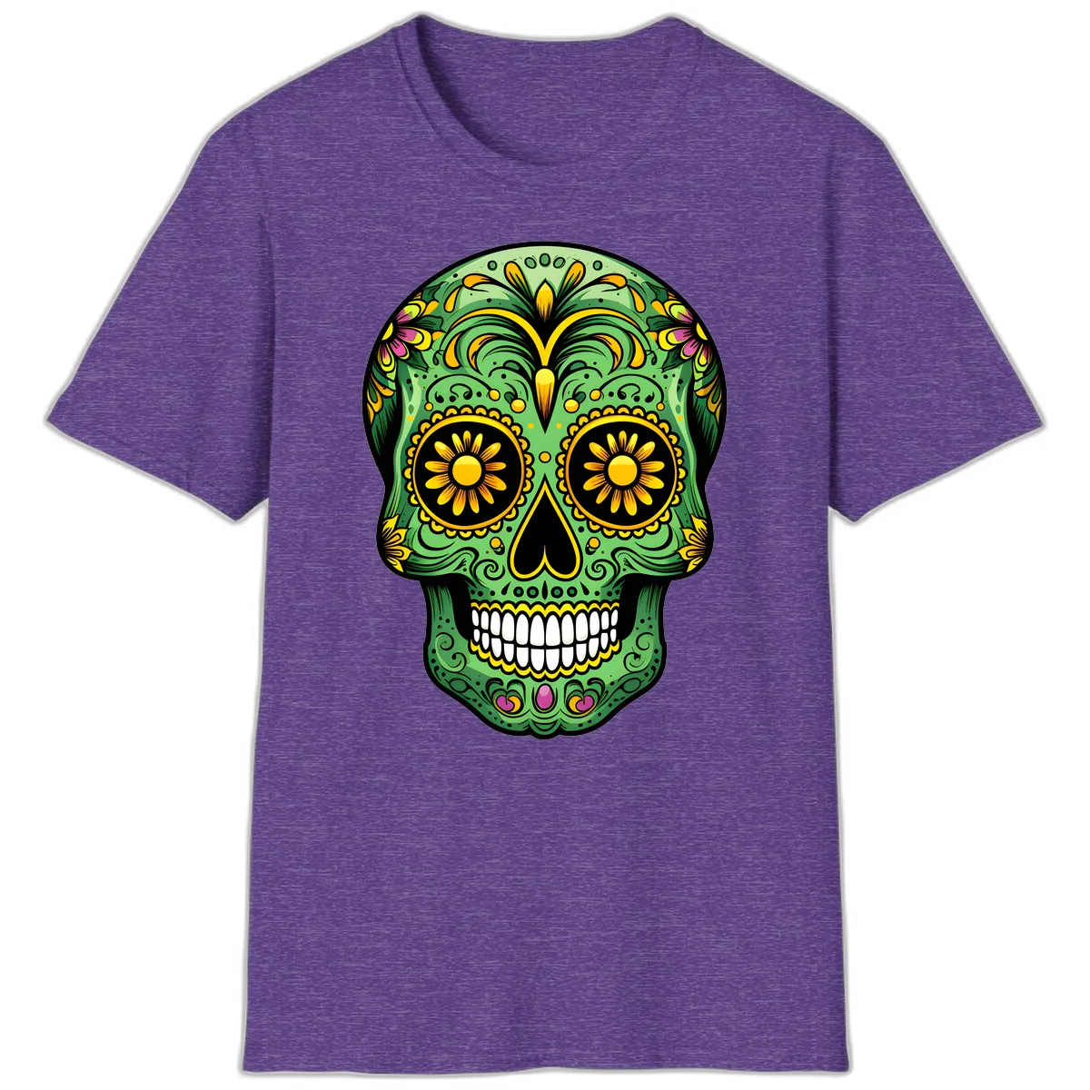 Vibrant Calavera Skull With Floral Accents T-Shirt in Heather Purple