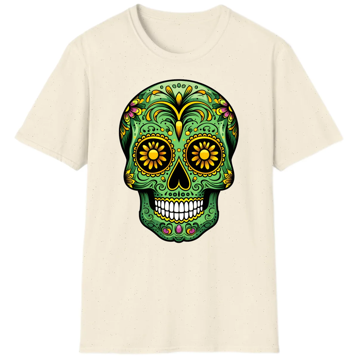 Vibrant Calavera Skull With Floral Accents T-Shirt in Natural