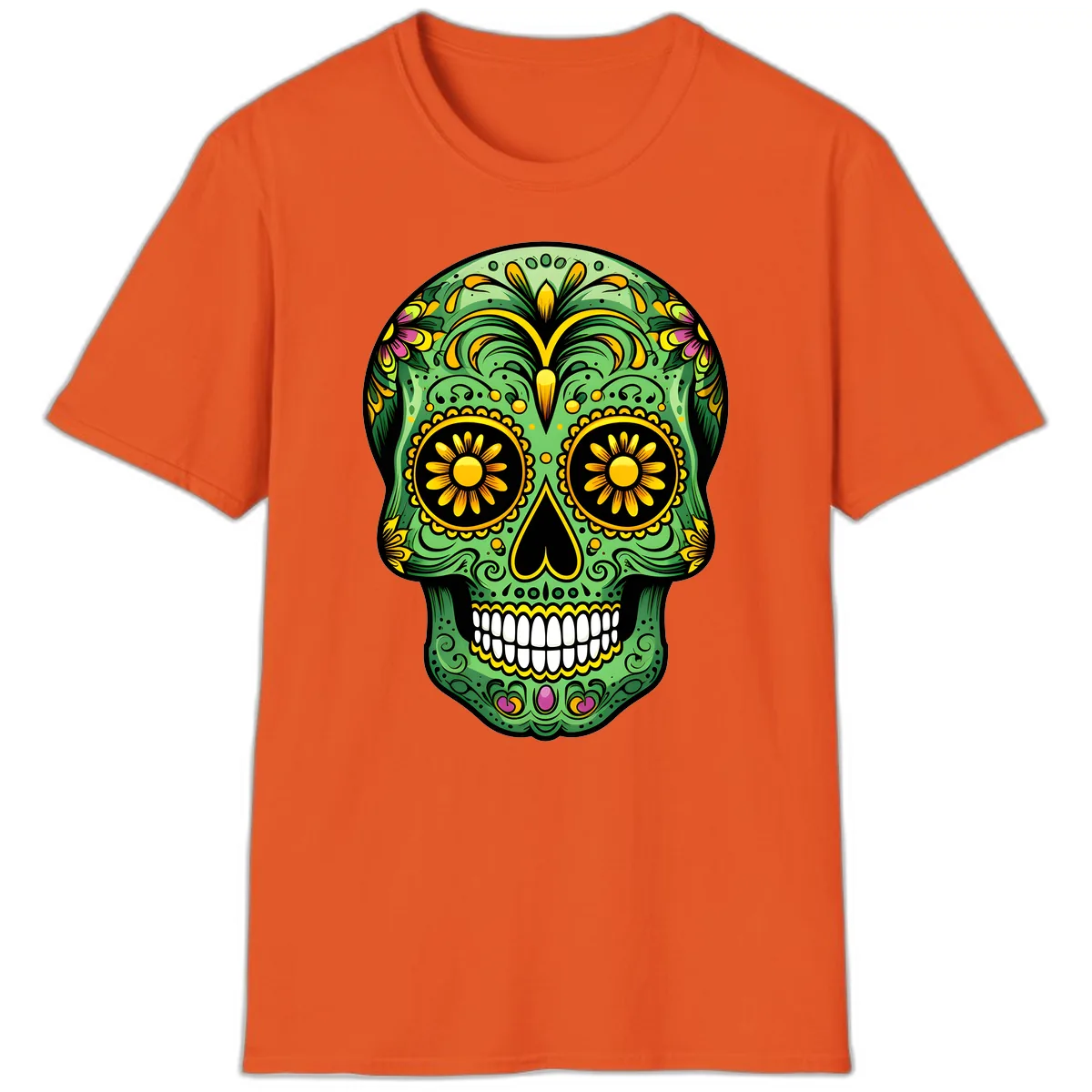 Vibrant Calavera Skull With Floral Accents T-Shirt in Orange