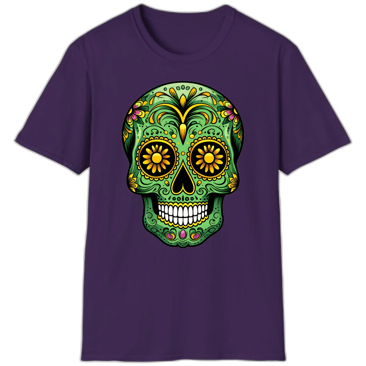 Vibrant Calavera Skull With Floral Accents T-Shirt in Purple