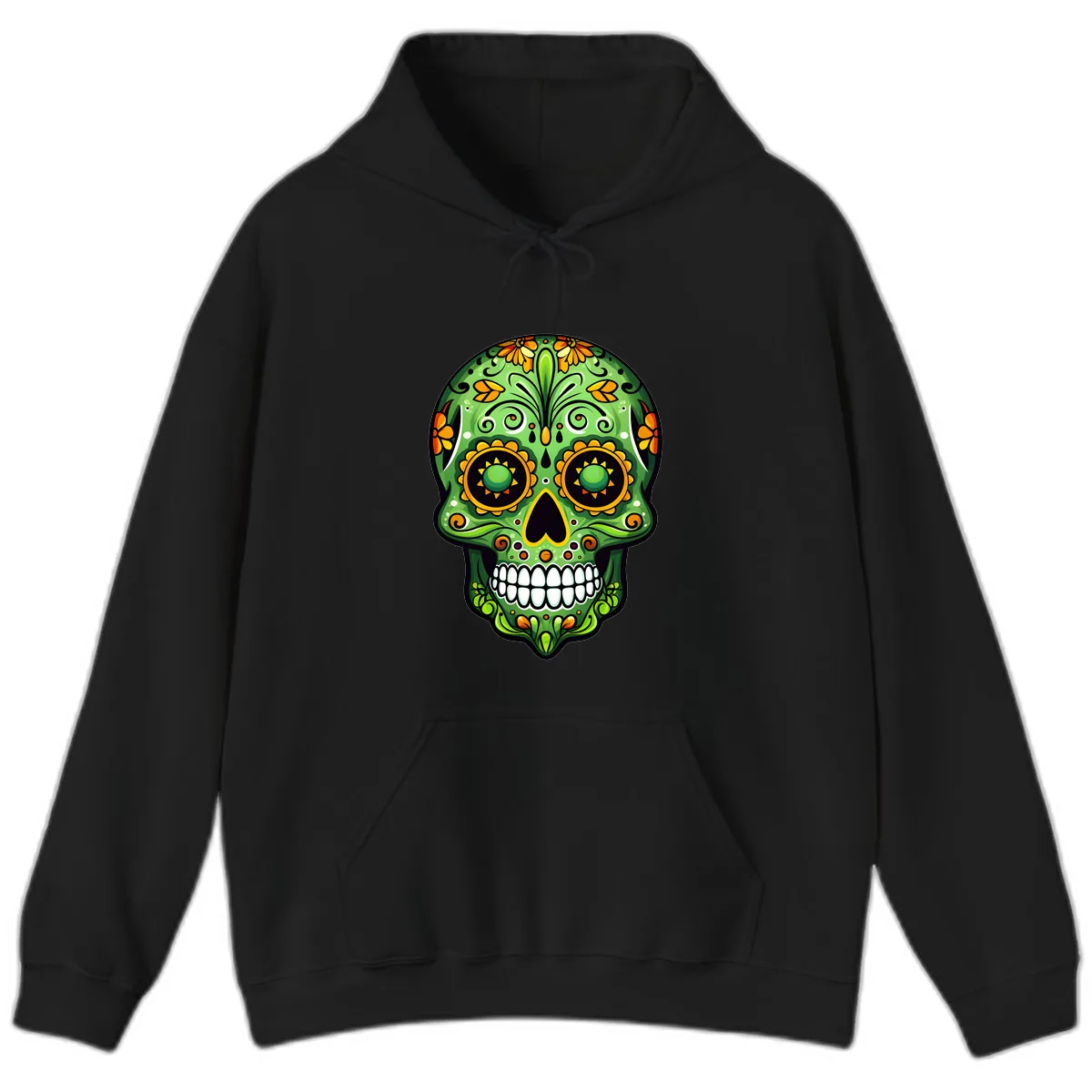 Vibrant Marigold Calavera Sugar Skull Art Hoodie in Black