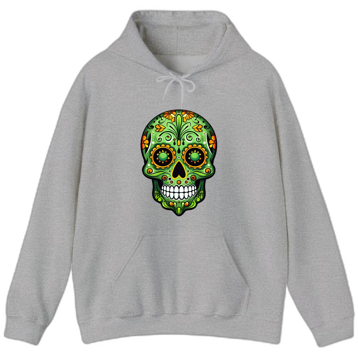 Vibrant Marigold Calavera Sugar Skull Art Hoodie in Sport Grey