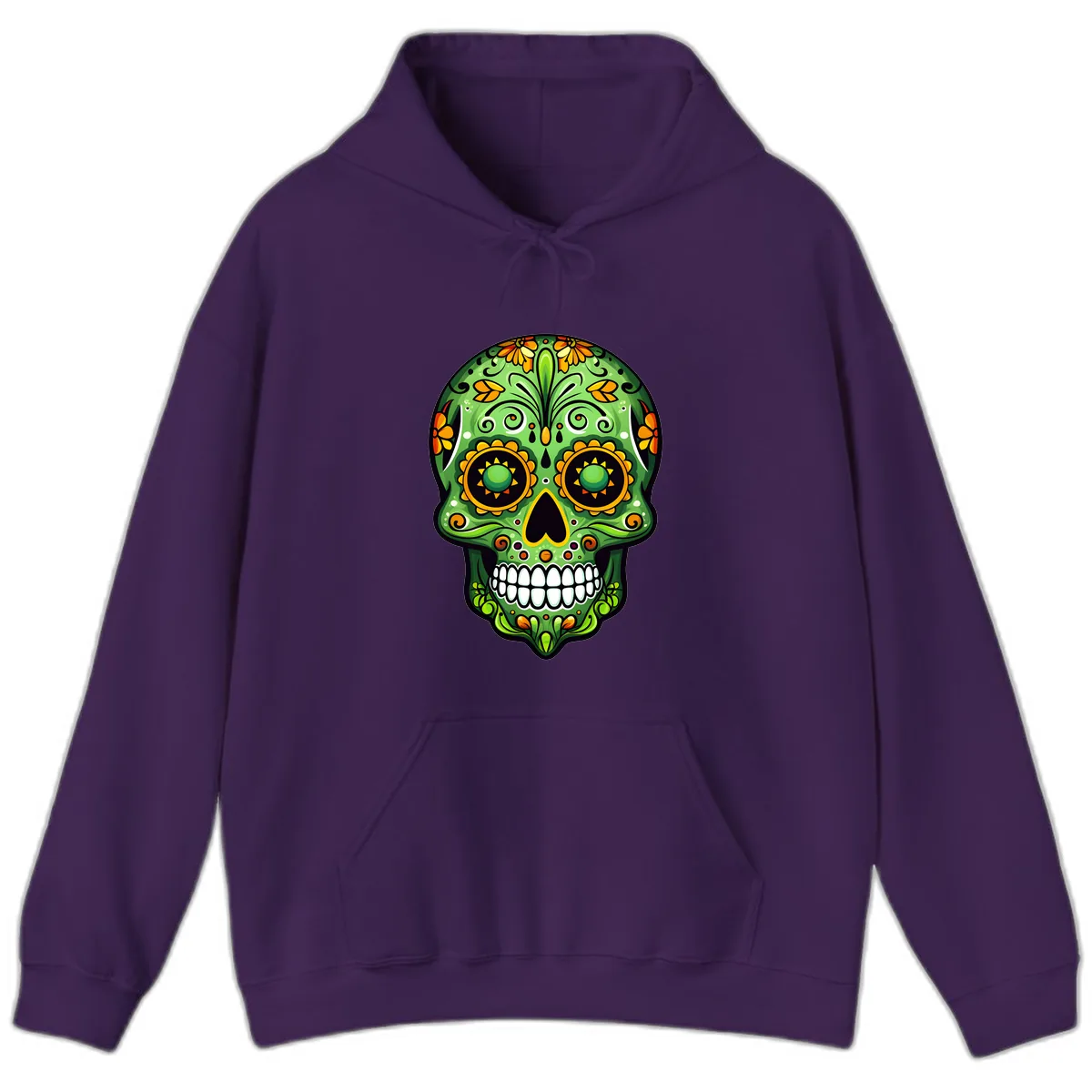 Vibrant Marigold Calavera Sugar Skull Art Hoodie in Purple
