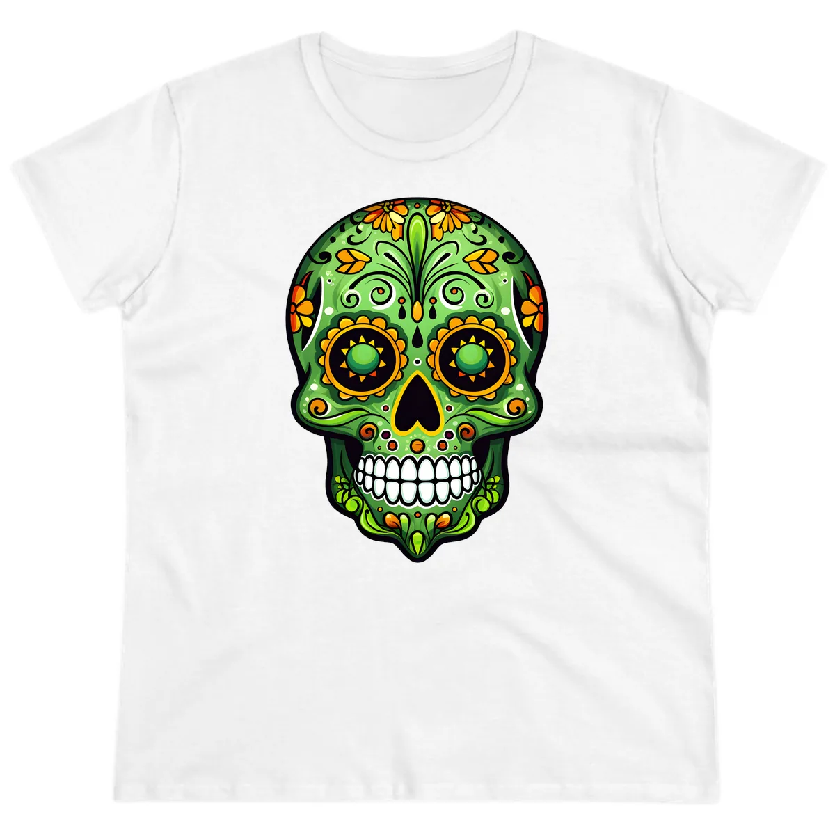 Vibrant Marigold Calavera Sugar Skull Art Ladies Tee in White