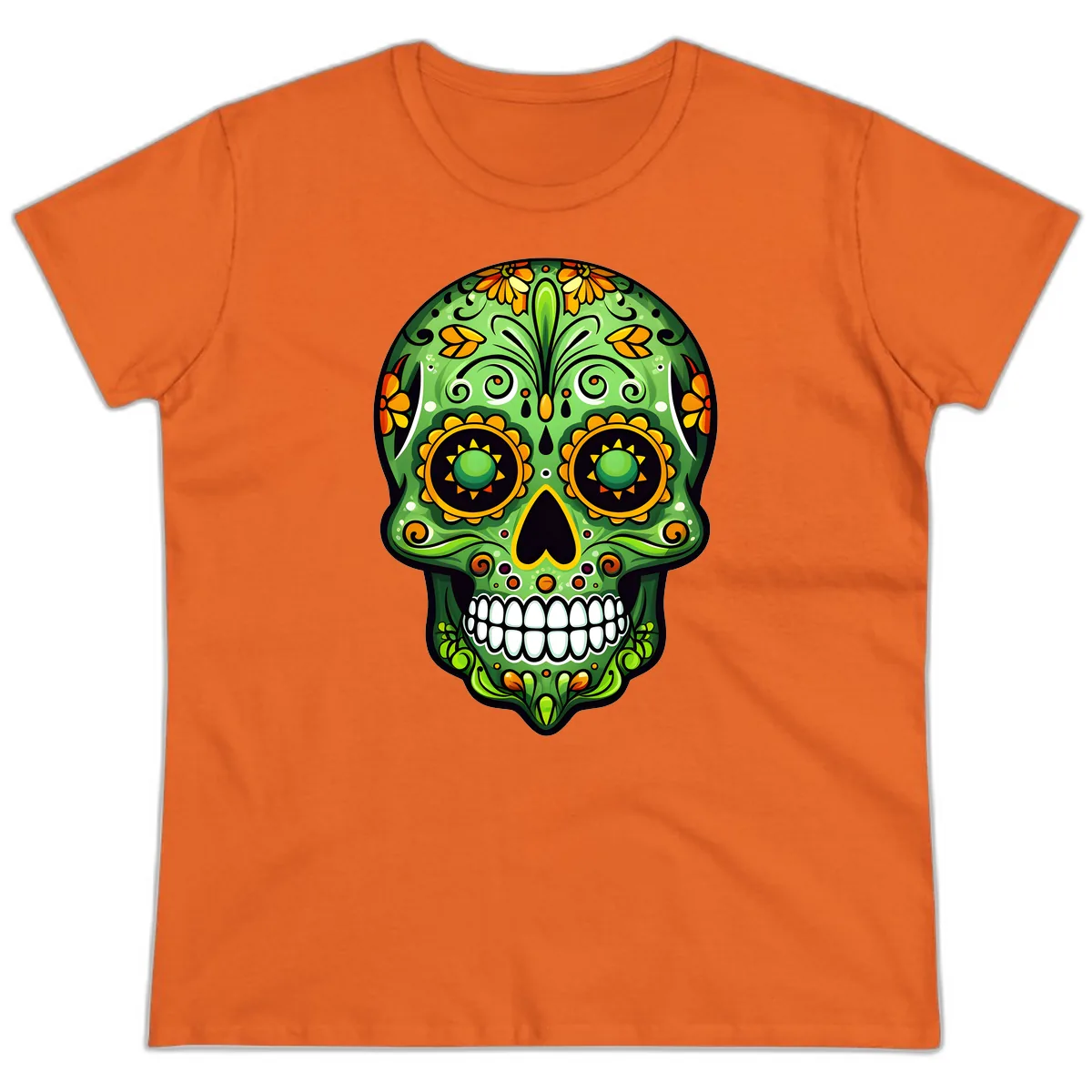 Vibrant Marigold Calavera Sugar Skull Art Ladies Tee in Orange