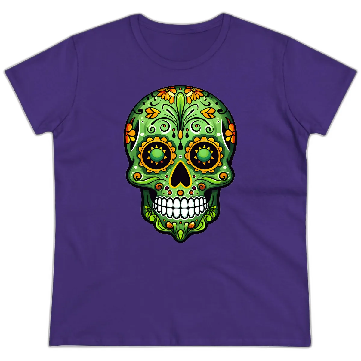 Vibrant Marigold Calavera Sugar Skull Art Ladies Tee in Purple