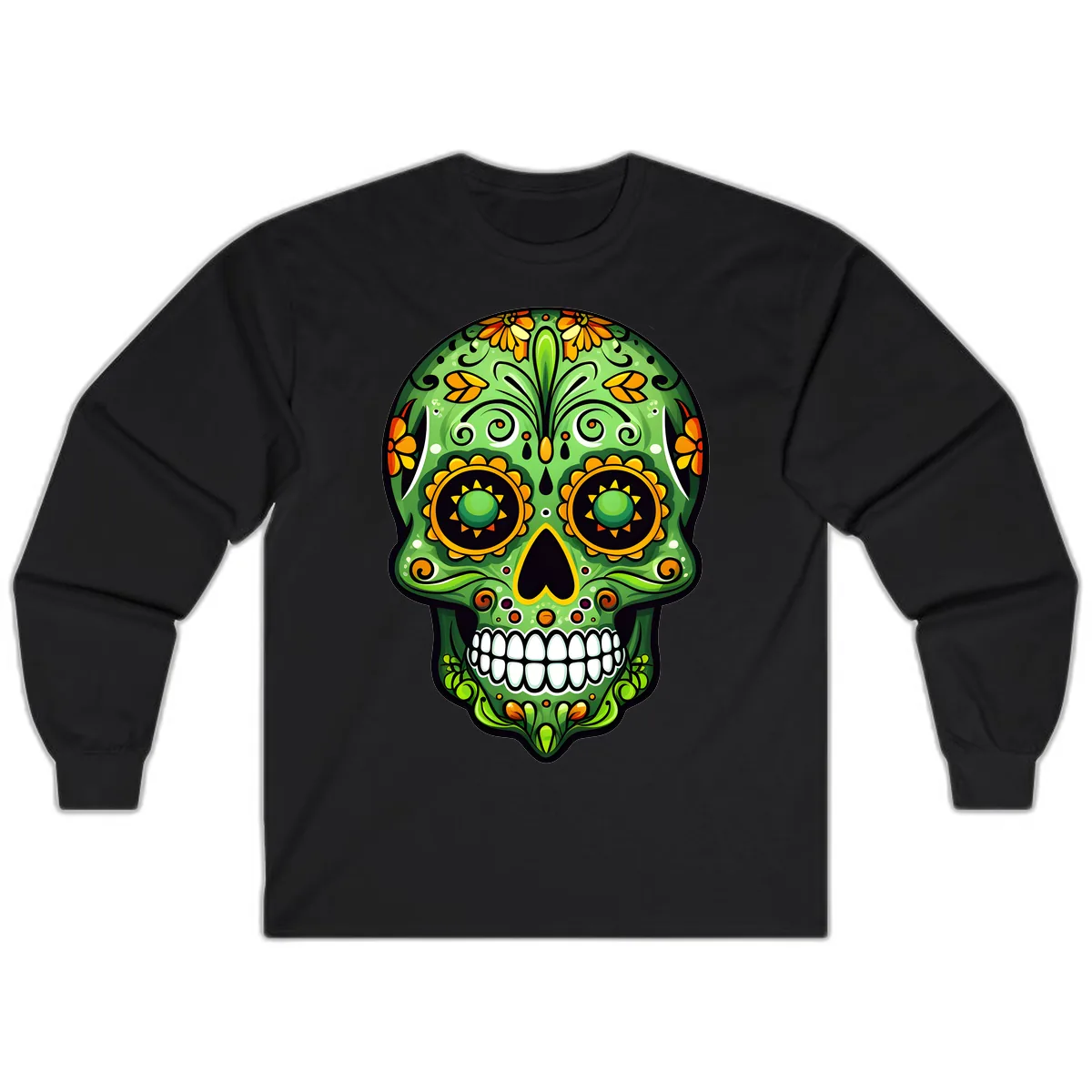 Vibrant Marigold Calavera Sugar Skull Art Long Sleeve in Black