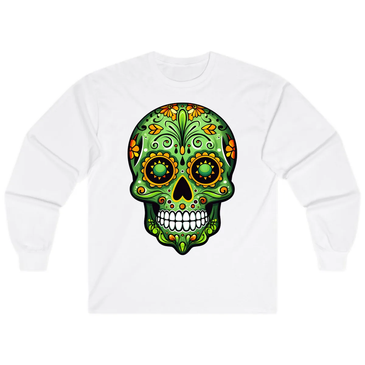 Vibrant Marigold Calavera Sugar Skull Art Long Sleeve in White