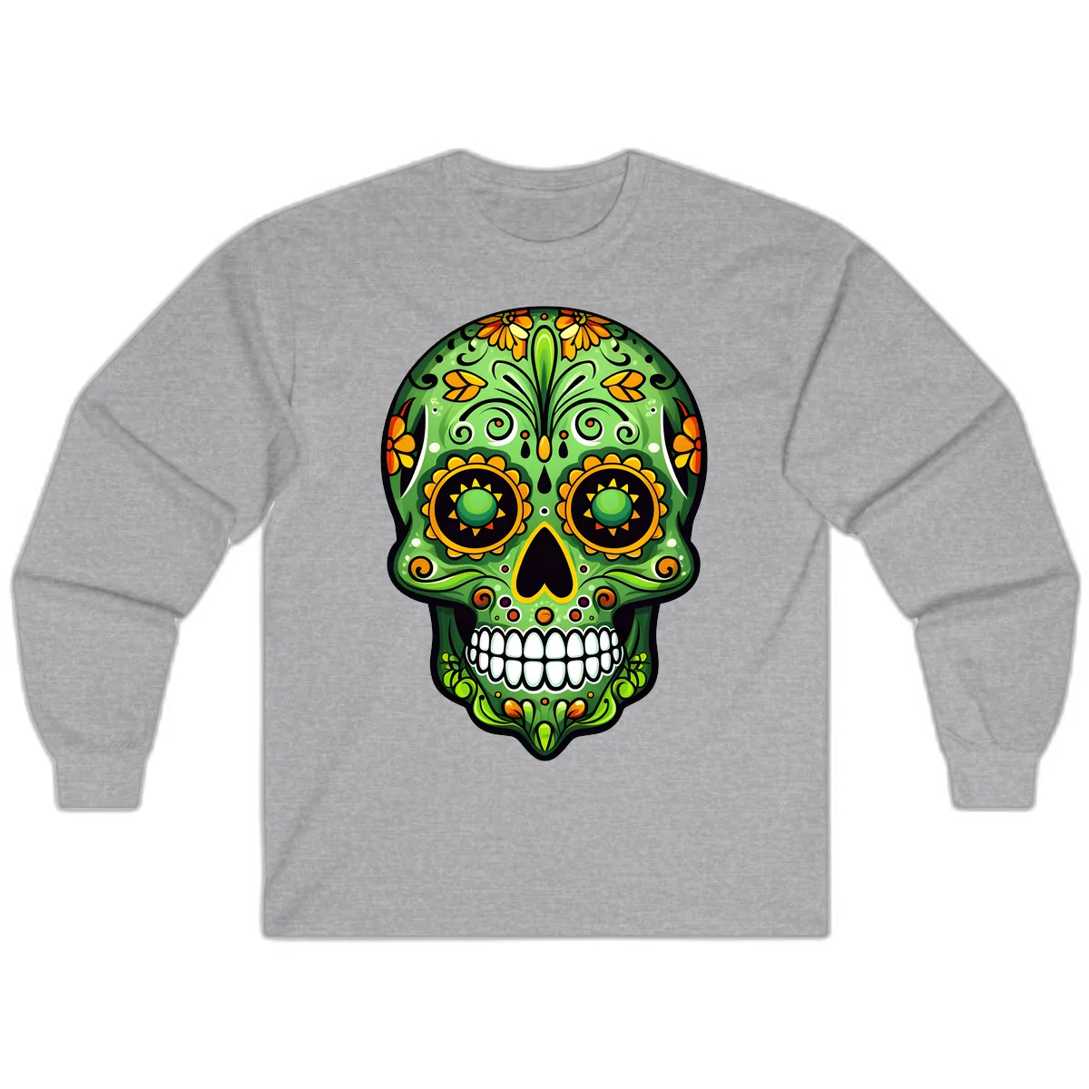 Vibrant Marigold Calavera Sugar Skull Art Long Sleeve in Sport Grey