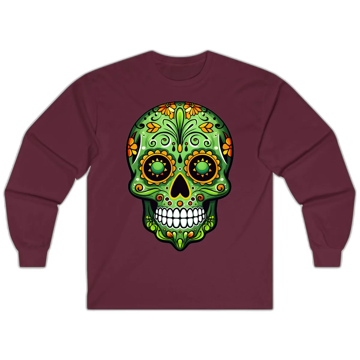 Vibrant Marigold Calavera Sugar Skull Art Long Sleeve in Maroon