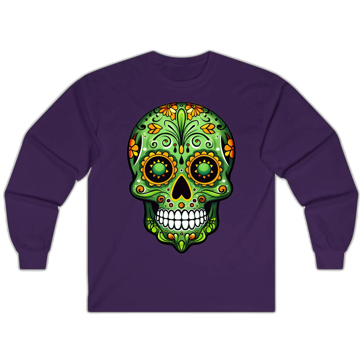 Vibrant Marigold Calavera Sugar Skull Art Long Sleeve in Purple