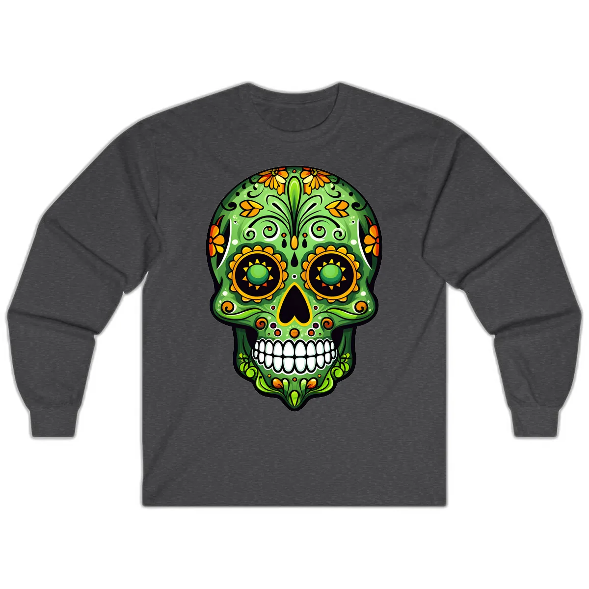 Vibrant Marigold Calavera Sugar Skull Art Long Sleeve in Dark Heather