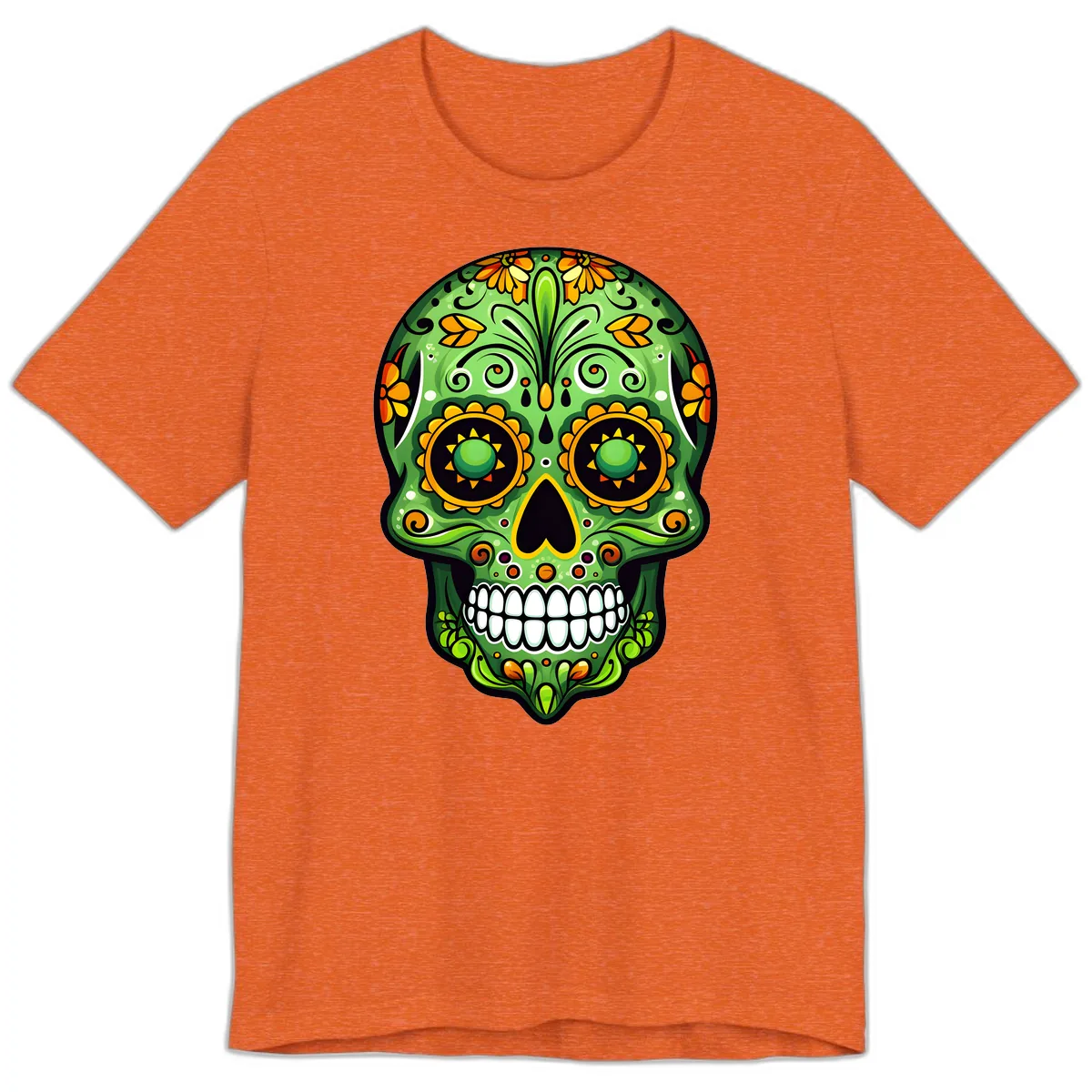 Vibrant Marigold Calavera Sugar Skull Art Premium T-Shirt in Heather Orange