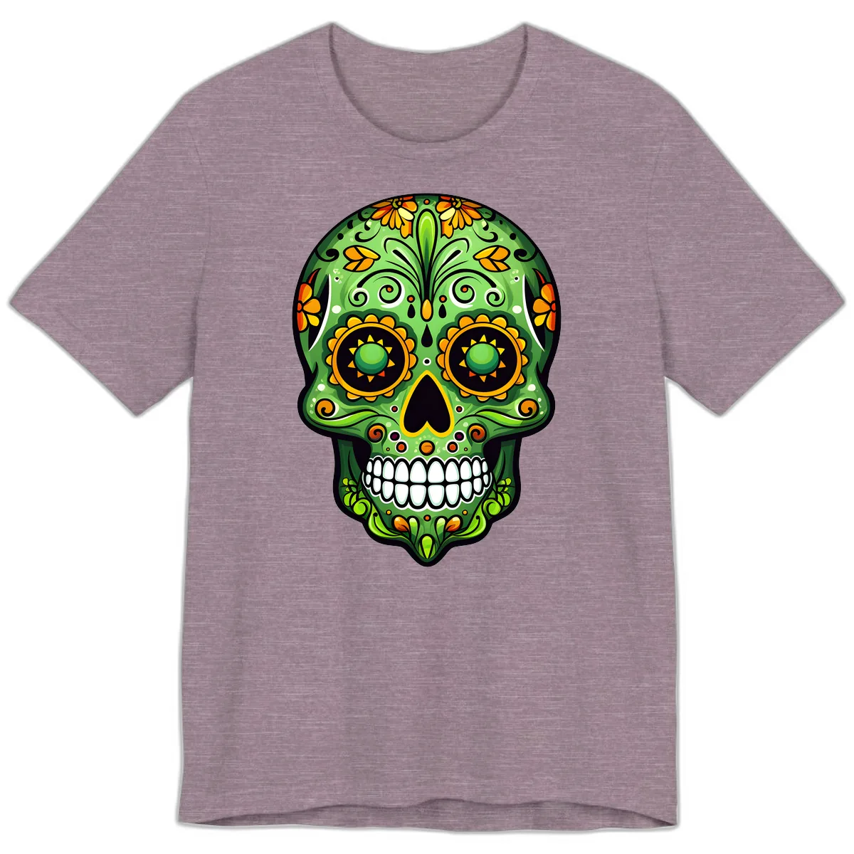 Vibrant Marigold Calavera Sugar Skull Art Premium T-Shirt in Heather Purple
