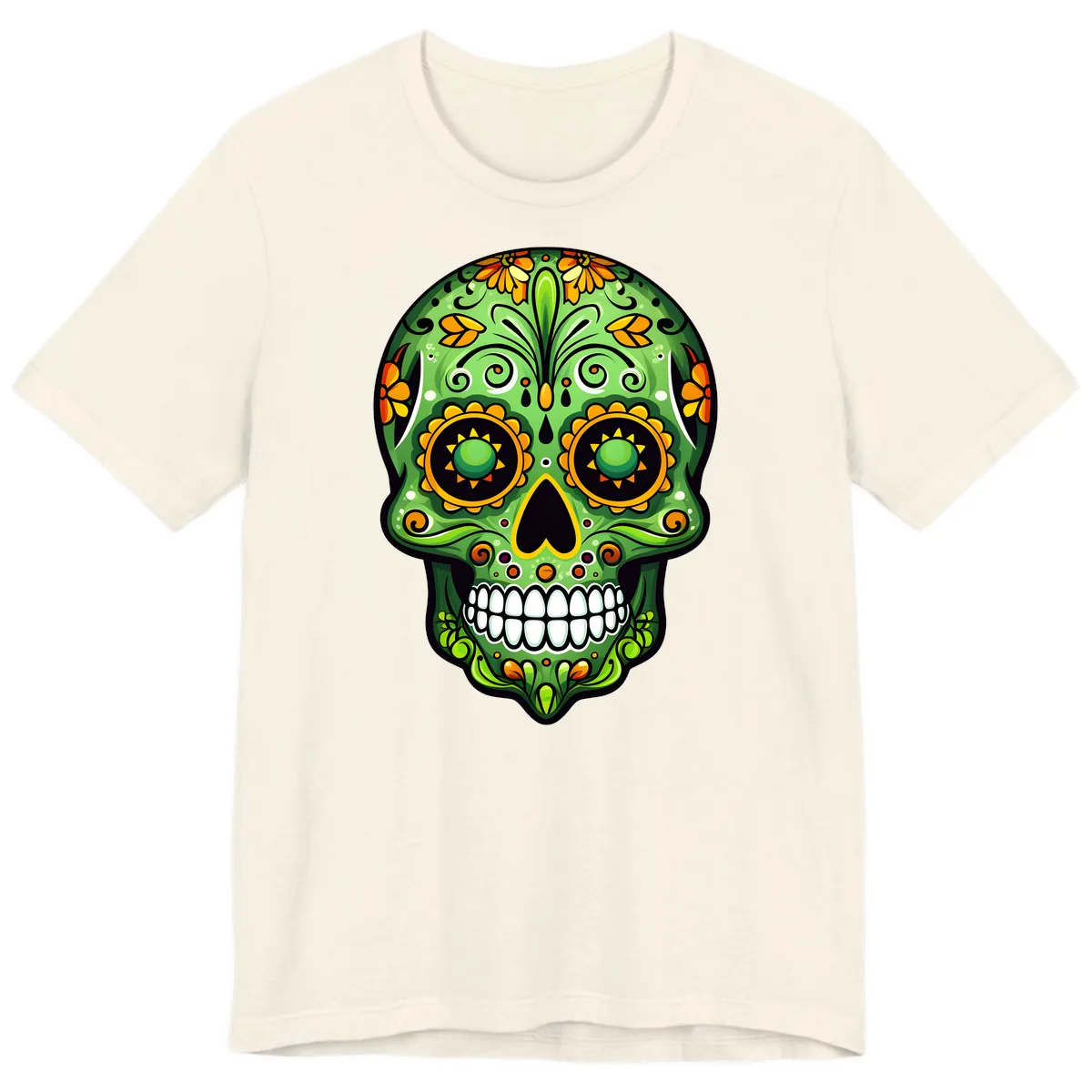Vibrant Marigold Calavera Sugar Skull Art Premium T-Shirt in Natural