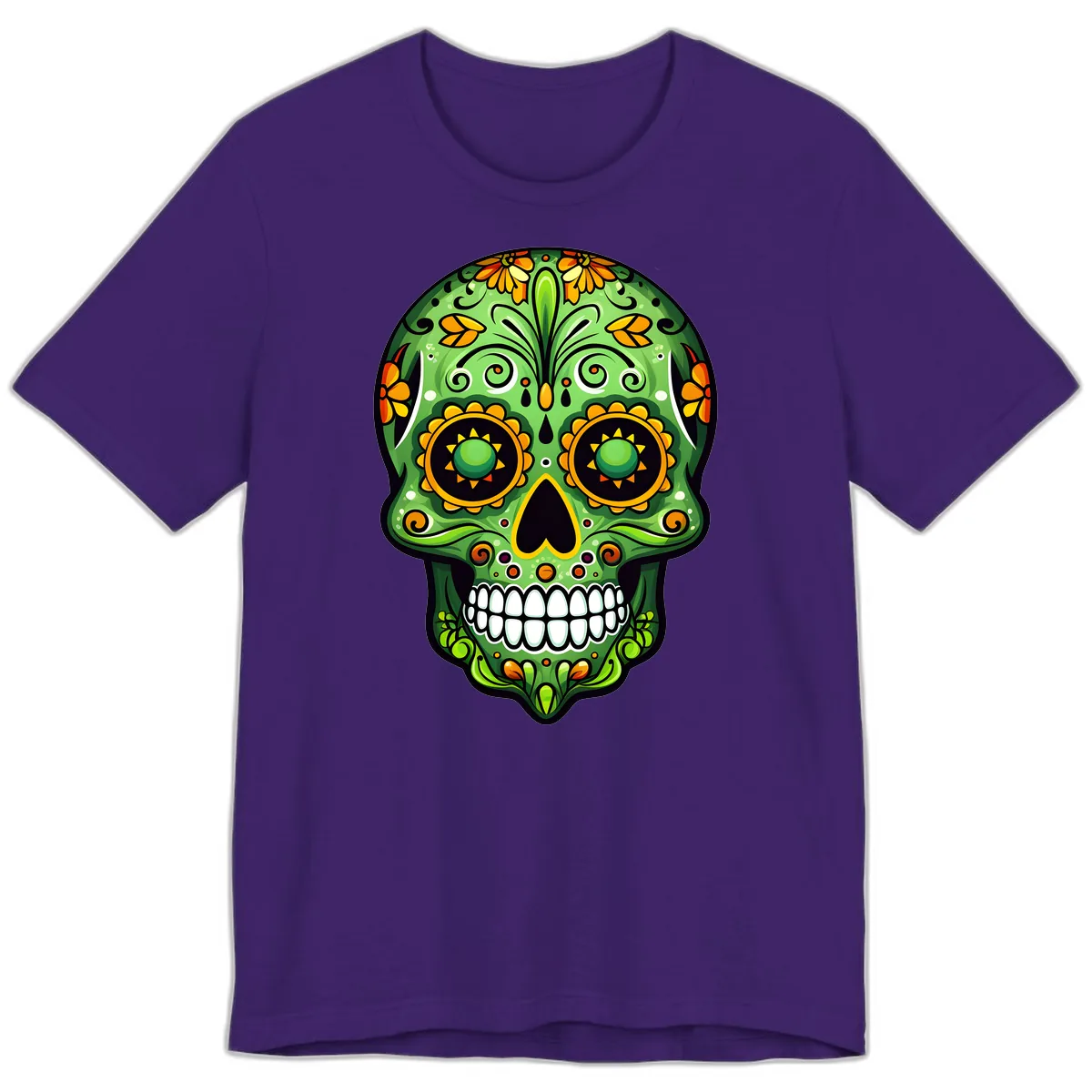 Vibrant Marigold Calavera Sugar Skull Art Premium T-Shirt in Team Purple