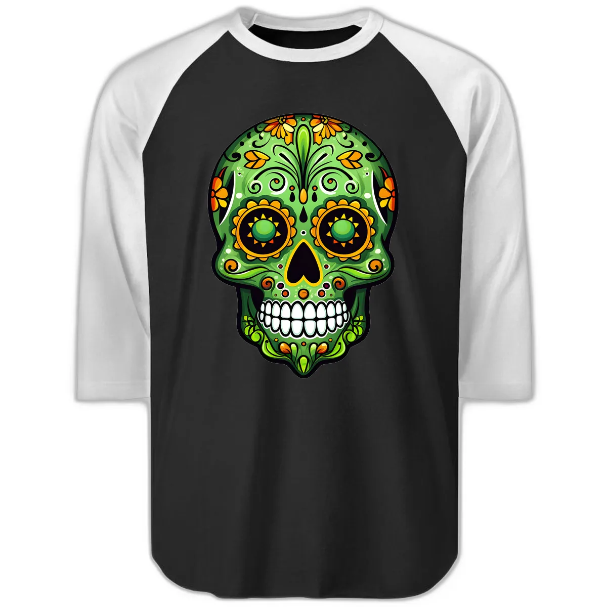 Vibrant Marigold Calavera Sugar Skull Art Raglan 3/4 in Black White