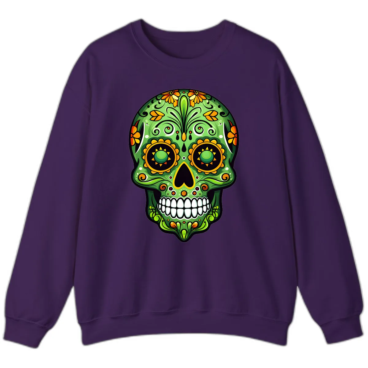 Vibrant Marigold Calavera Sugar Skull Art Sweatshirt in Purple