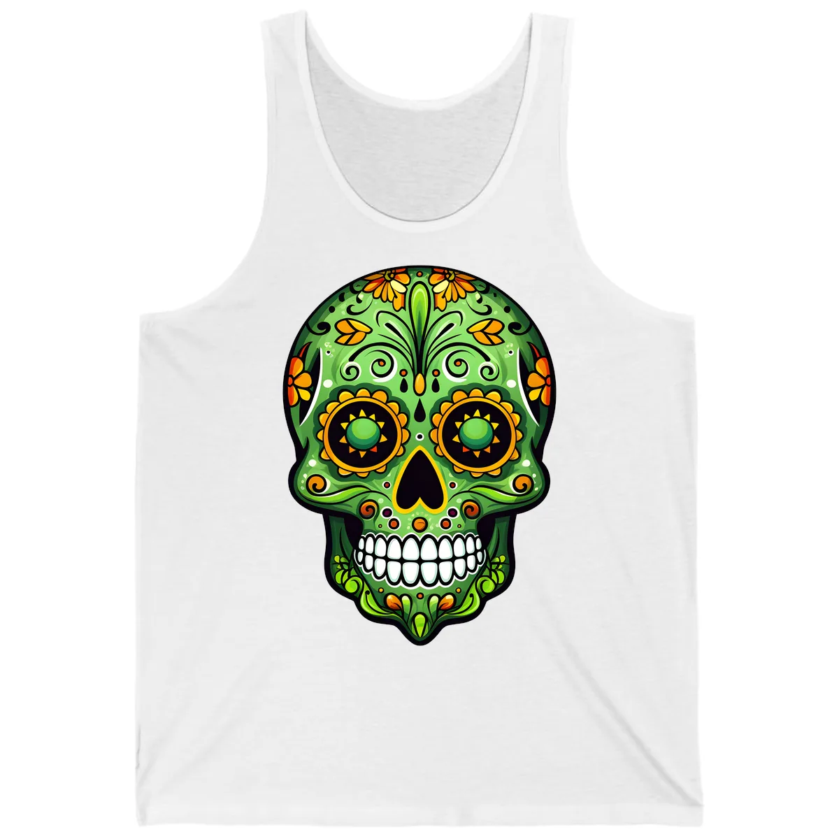 Vibrant Marigold Calavera Sugar Skull Art Tank in White