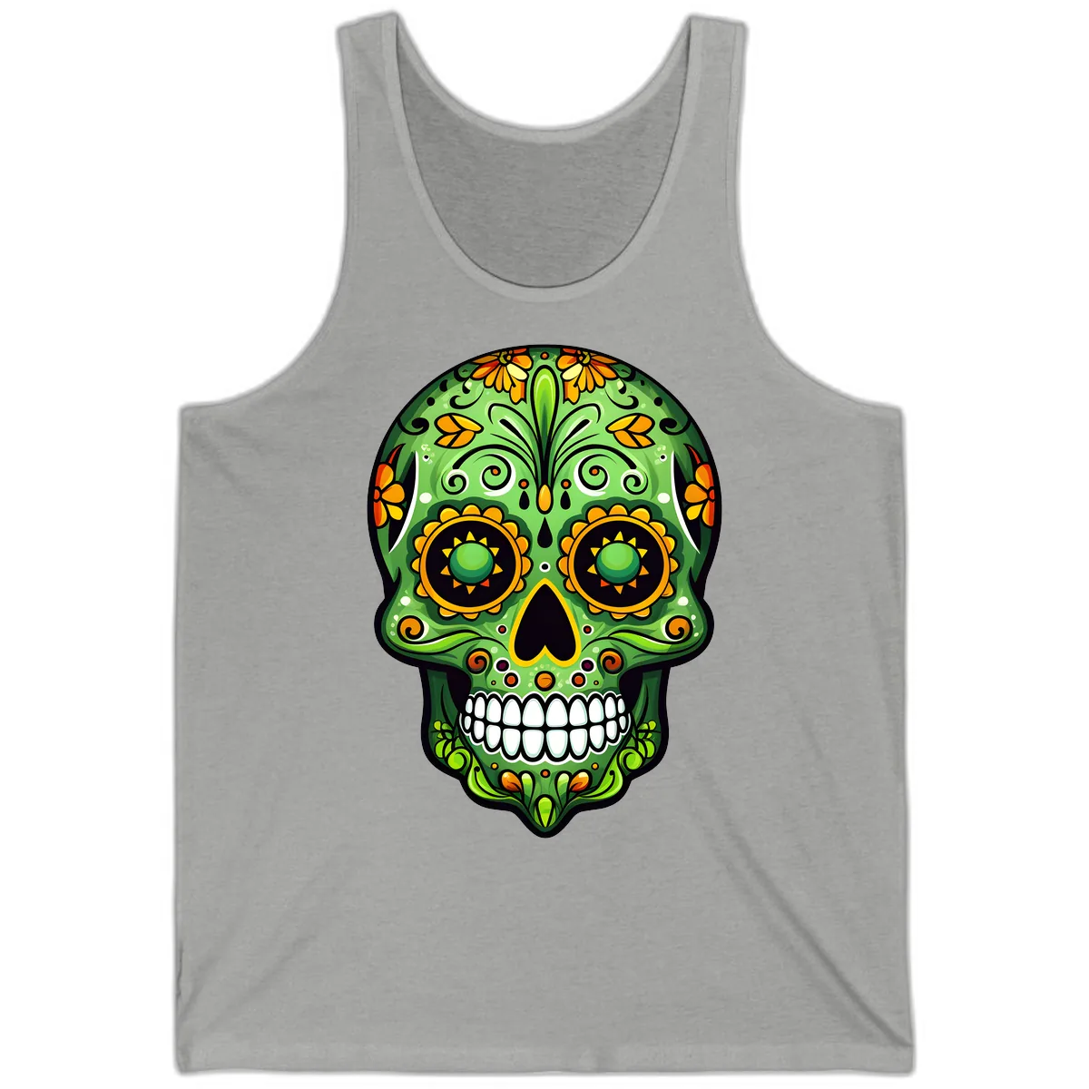 Vibrant Marigold Calavera Sugar Skull Art Tank in Athletic Heather