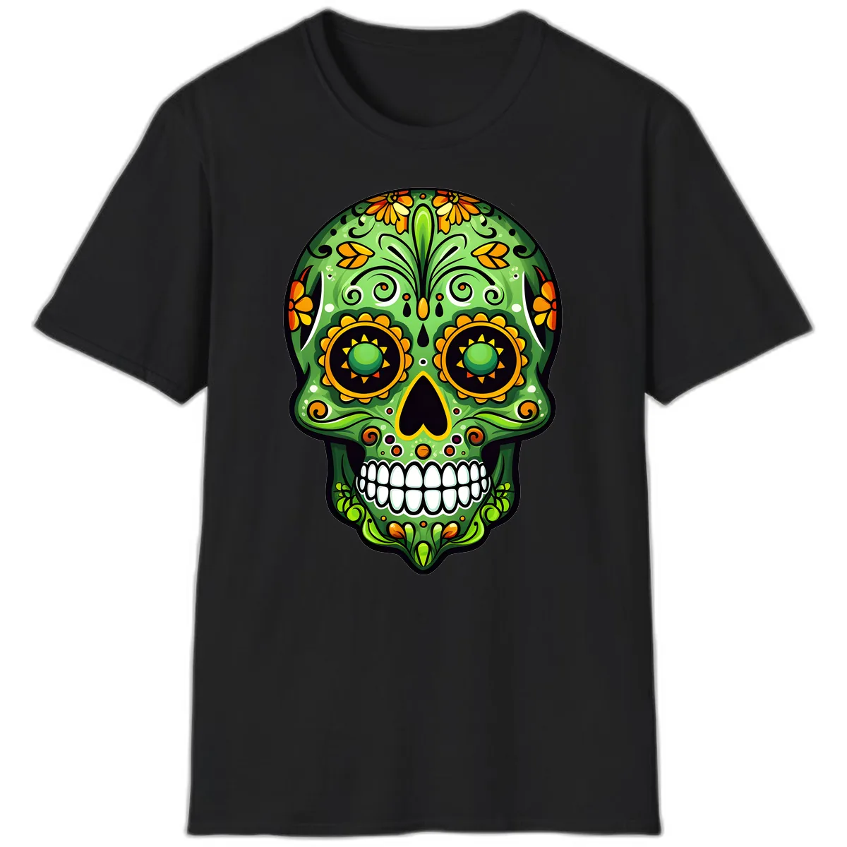 Vibrant Marigold Calavera Sugar Skull Art T-Shirt in Black