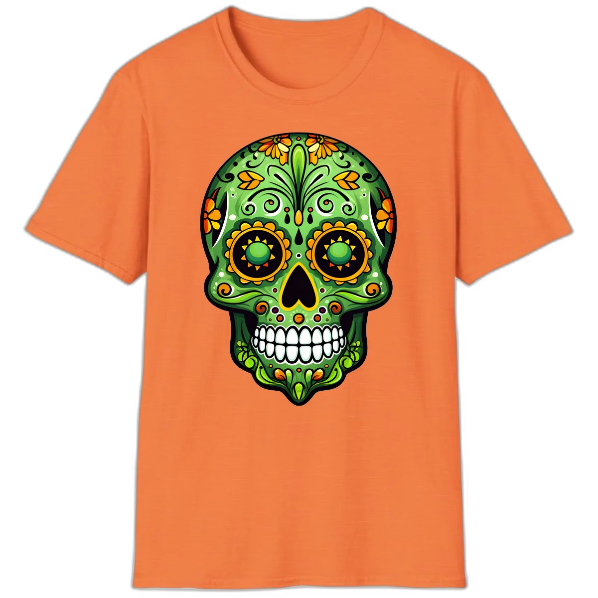 Vibrant Marigold Calavera Sugar Skull Art T-Shirt in Heather Orange