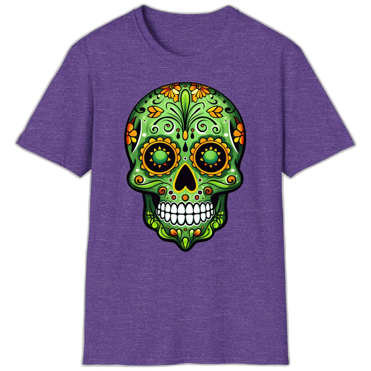 Vibrant Marigold Calavera Sugar Skull Art T-Shirt in Heather Purple