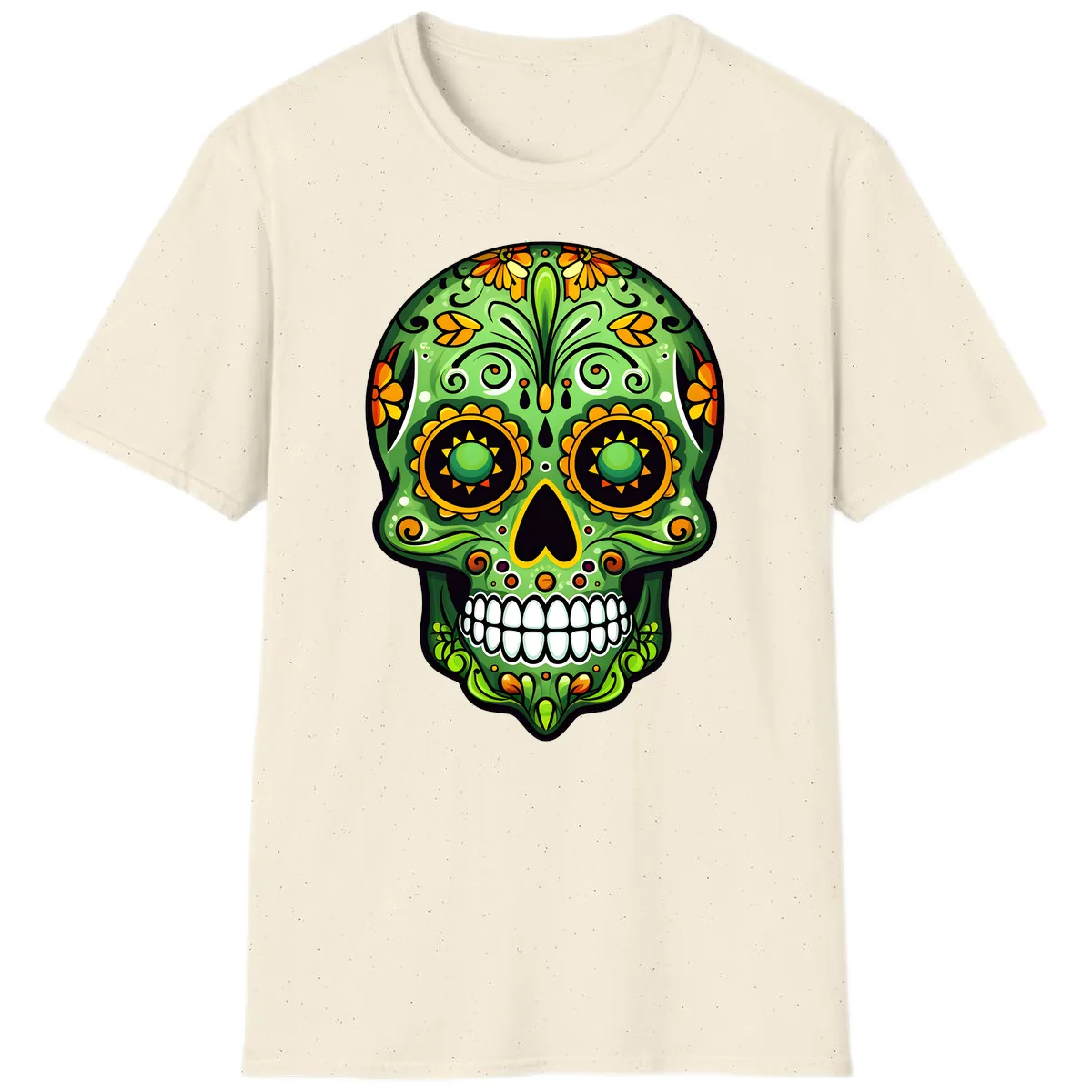 Vibrant Marigold Calavera Sugar Skull Art T-Shirt in Natural