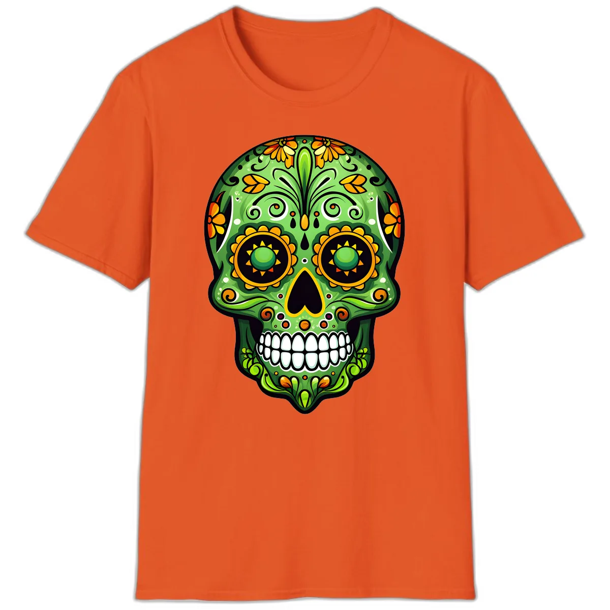 Vibrant Marigold Calavera Sugar Skull Art T-Shirt in Orange
