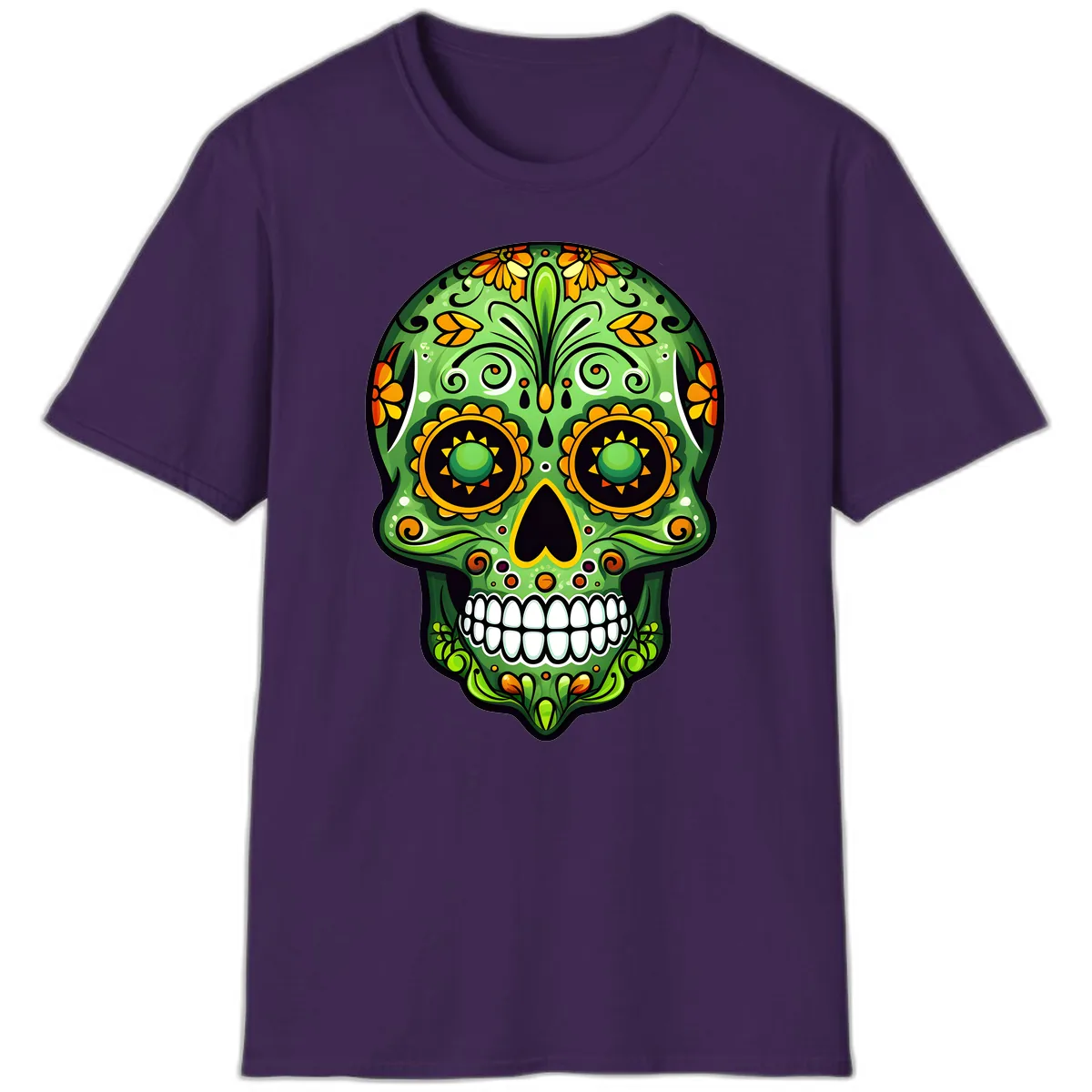 Vibrant Marigold Calavera Sugar Skull Art T-Shirt in Purple
