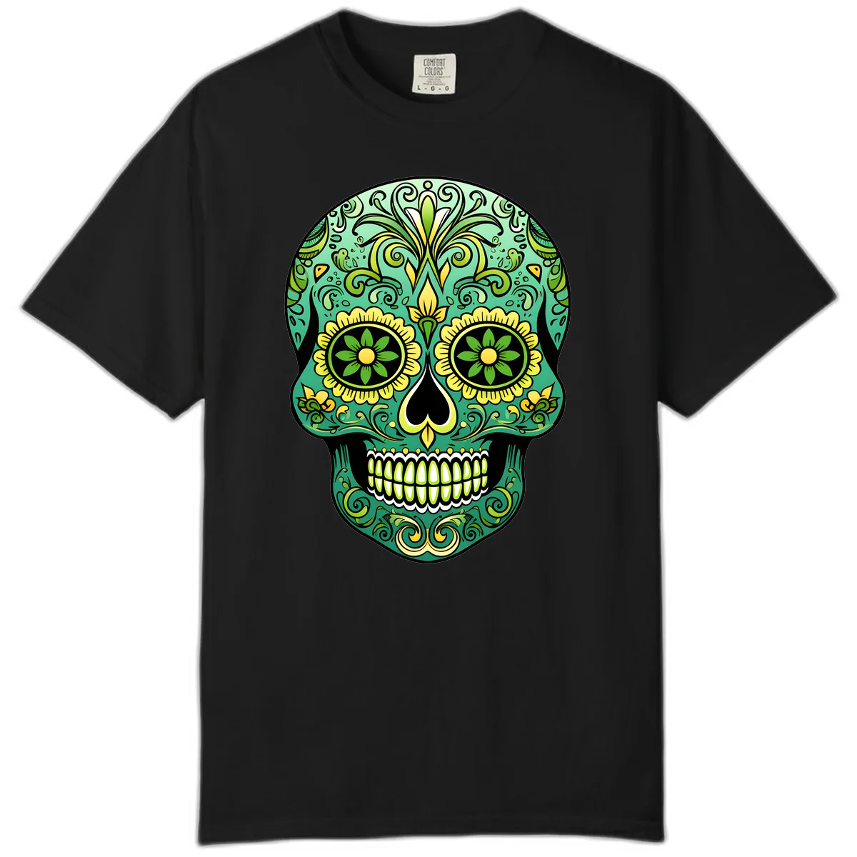 Ornate Emerald Calavera Sugar Skull Design Comfort Color in Black