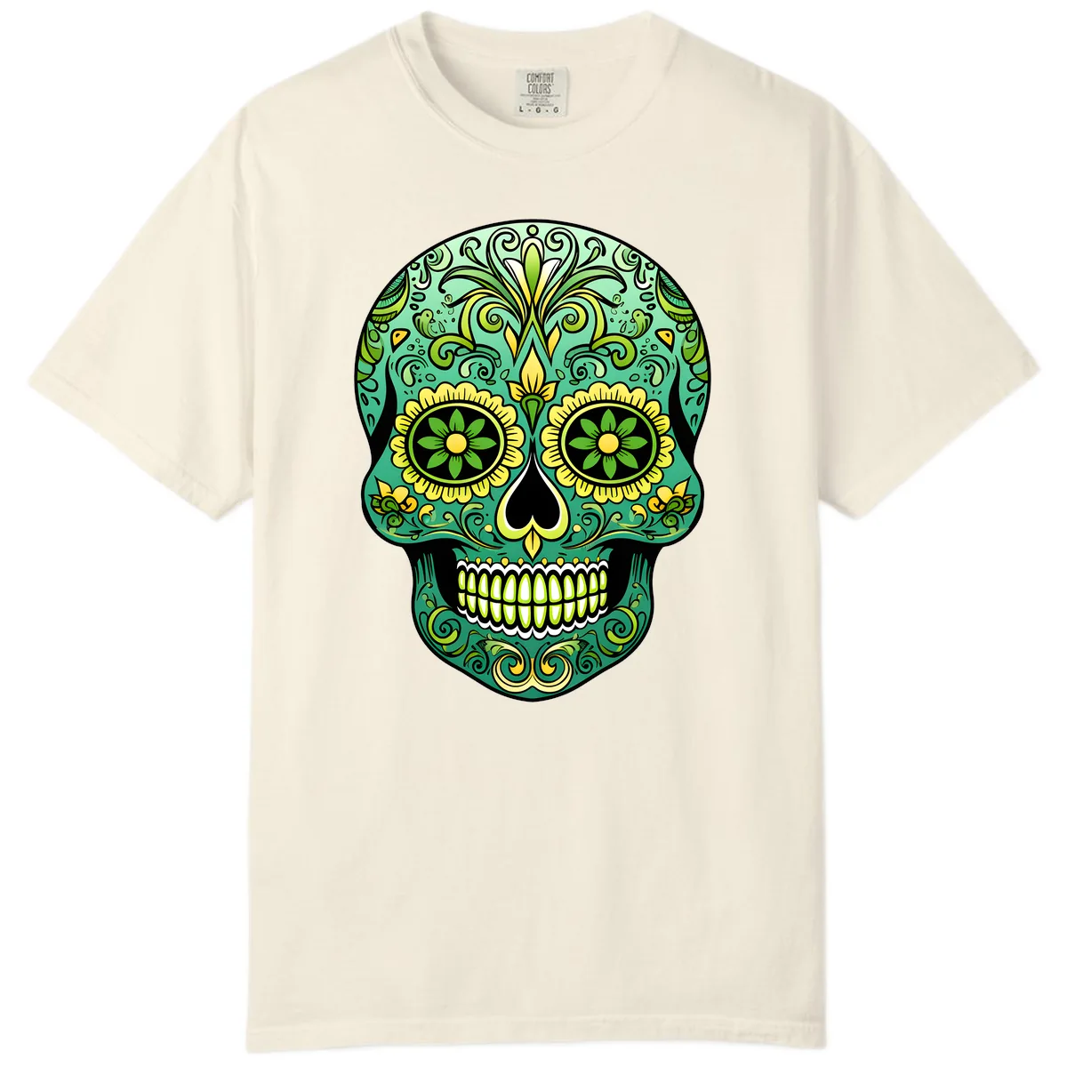 Ornate Emerald Calavera Sugar Skull Design Comfort Color in Ivory