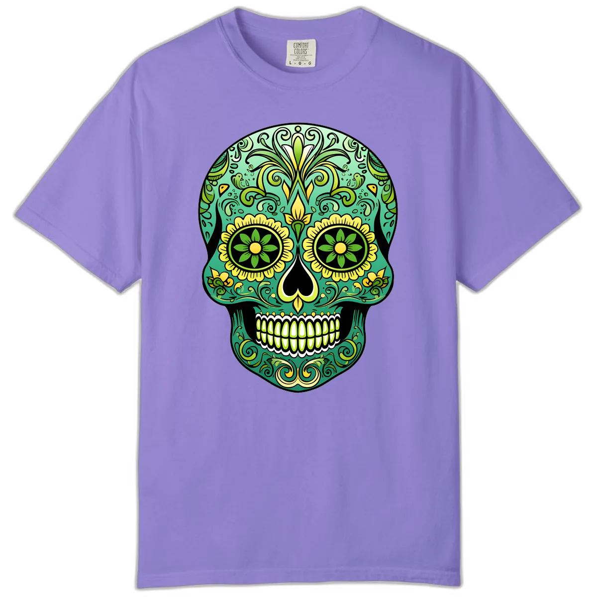 Ornate Emerald Calavera Sugar Skull Design Comfort Color in Violet