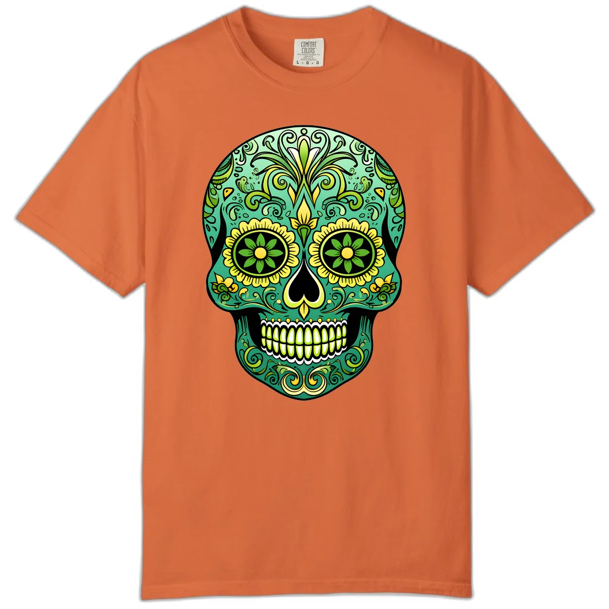 Ornate Emerald Calavera Sugar Skull Design Comfort Color in Burnt Orange
