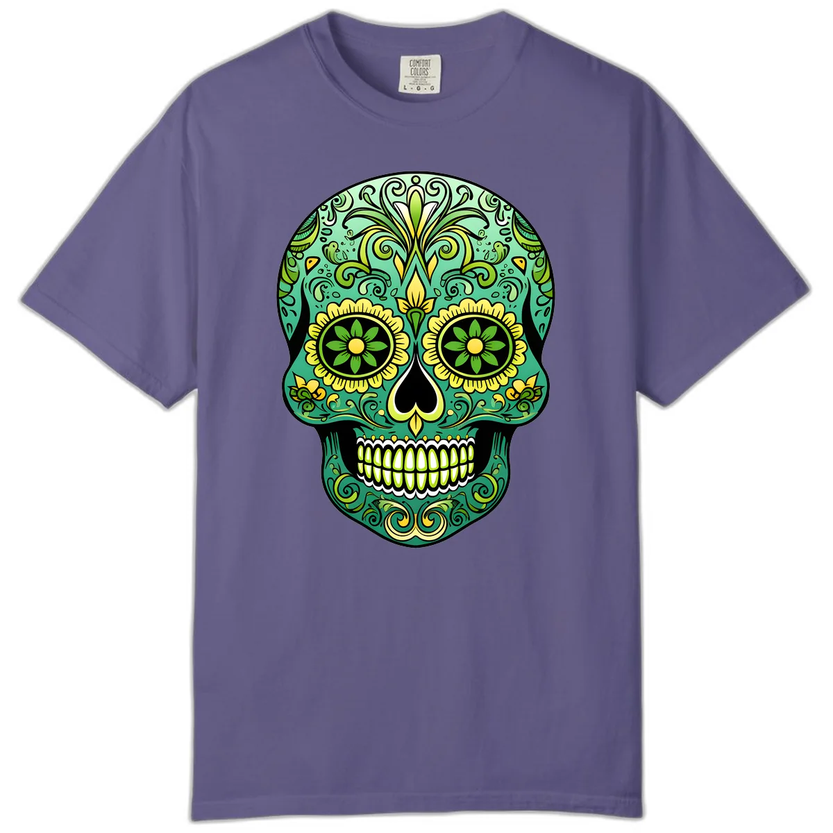 Ornate Emerald Calavera Sugar Skull Design Comfort Color in Grape