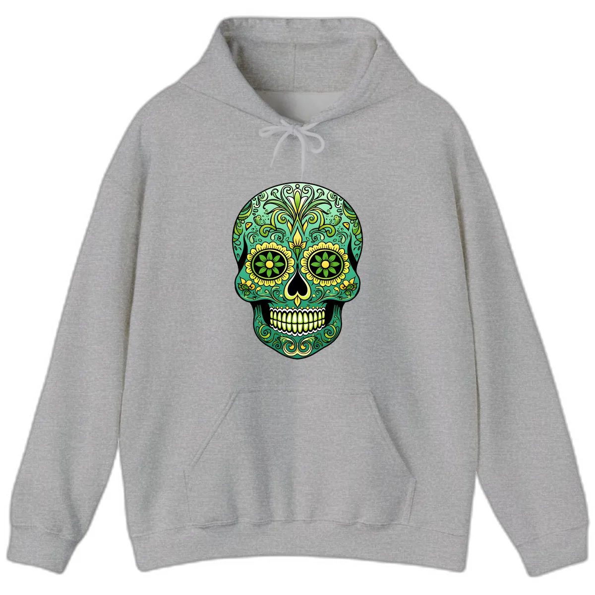 Ornate Emerald Calavera Sugar Skull Design Hoodie in Sport Grey