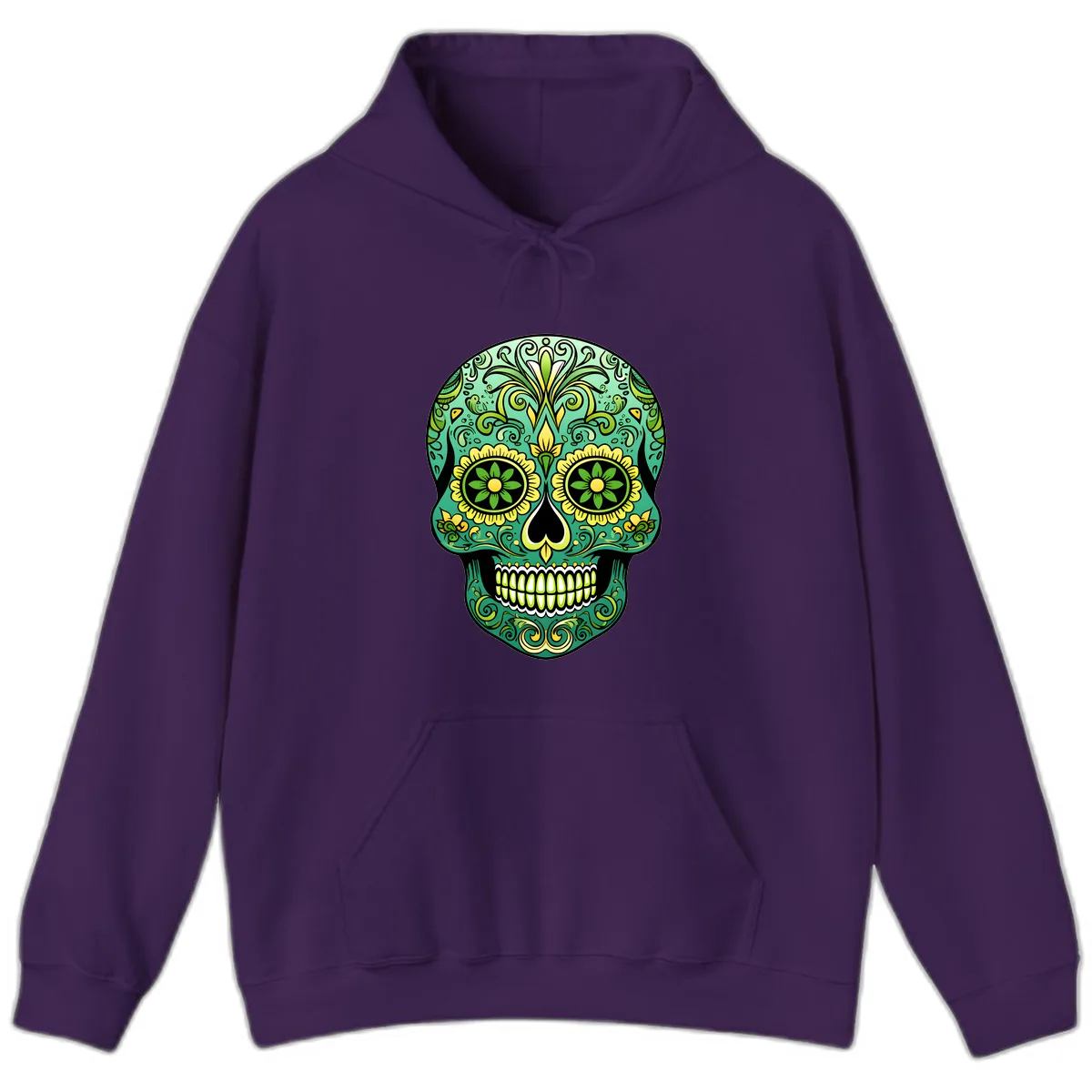 Ornate Emerald Calavera Sugar Skull Design Hoodie in Purple