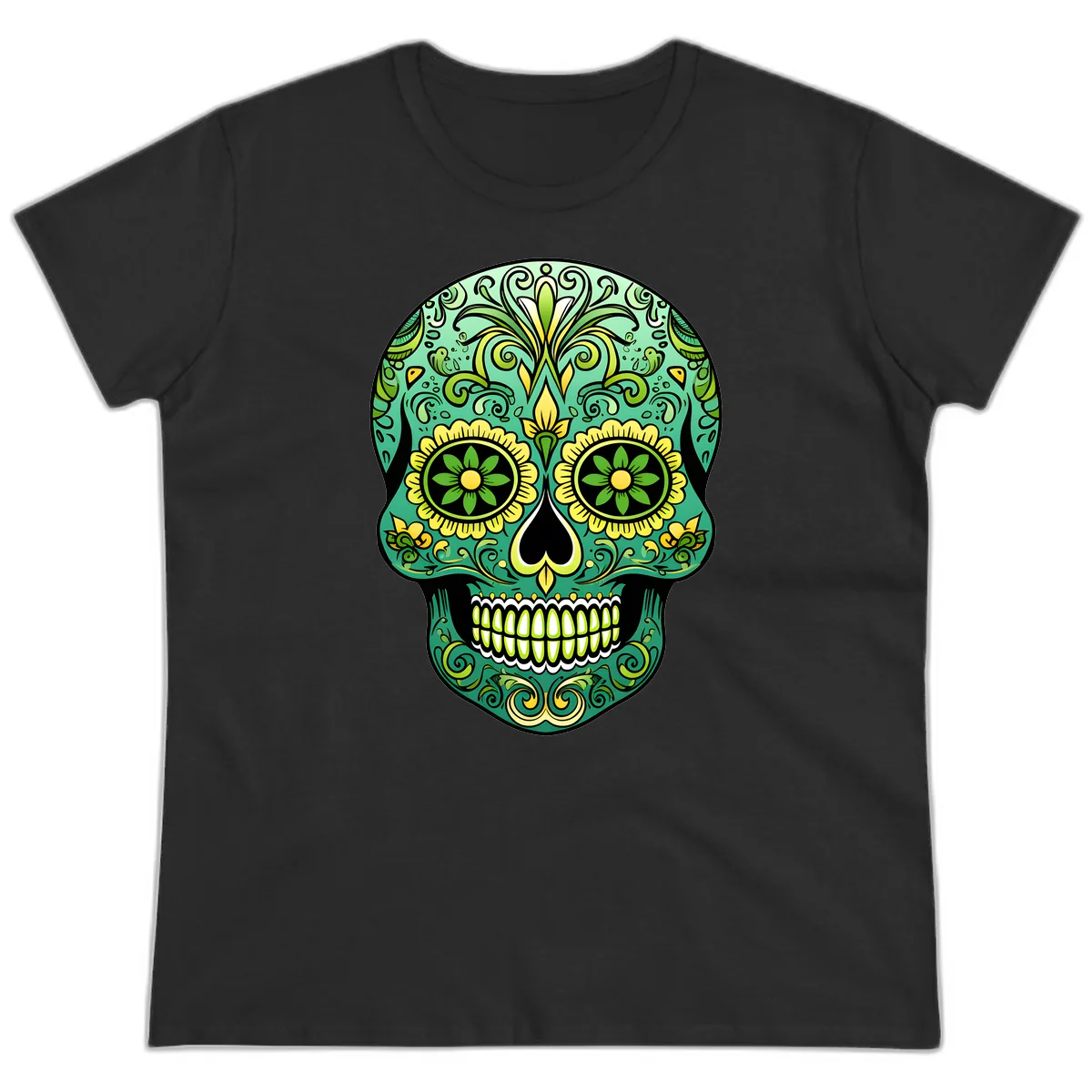 Ornate Emerald Calavera Sugar Skull Design Ladies Tee in Black