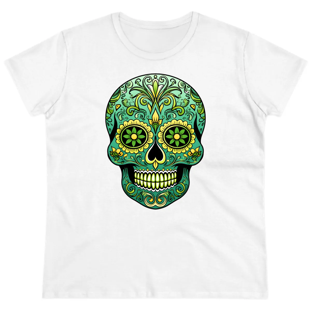 Ornate Emerald Calavera Sugar Skull Design Ladies Tee in White