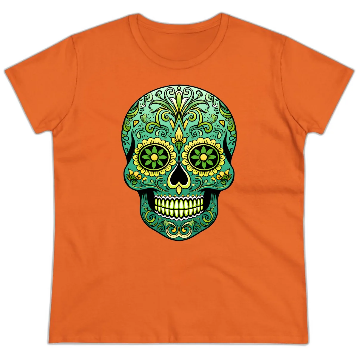 Ornate Emerald Calavera Sugar Skull Design Ladies Tee in Orange