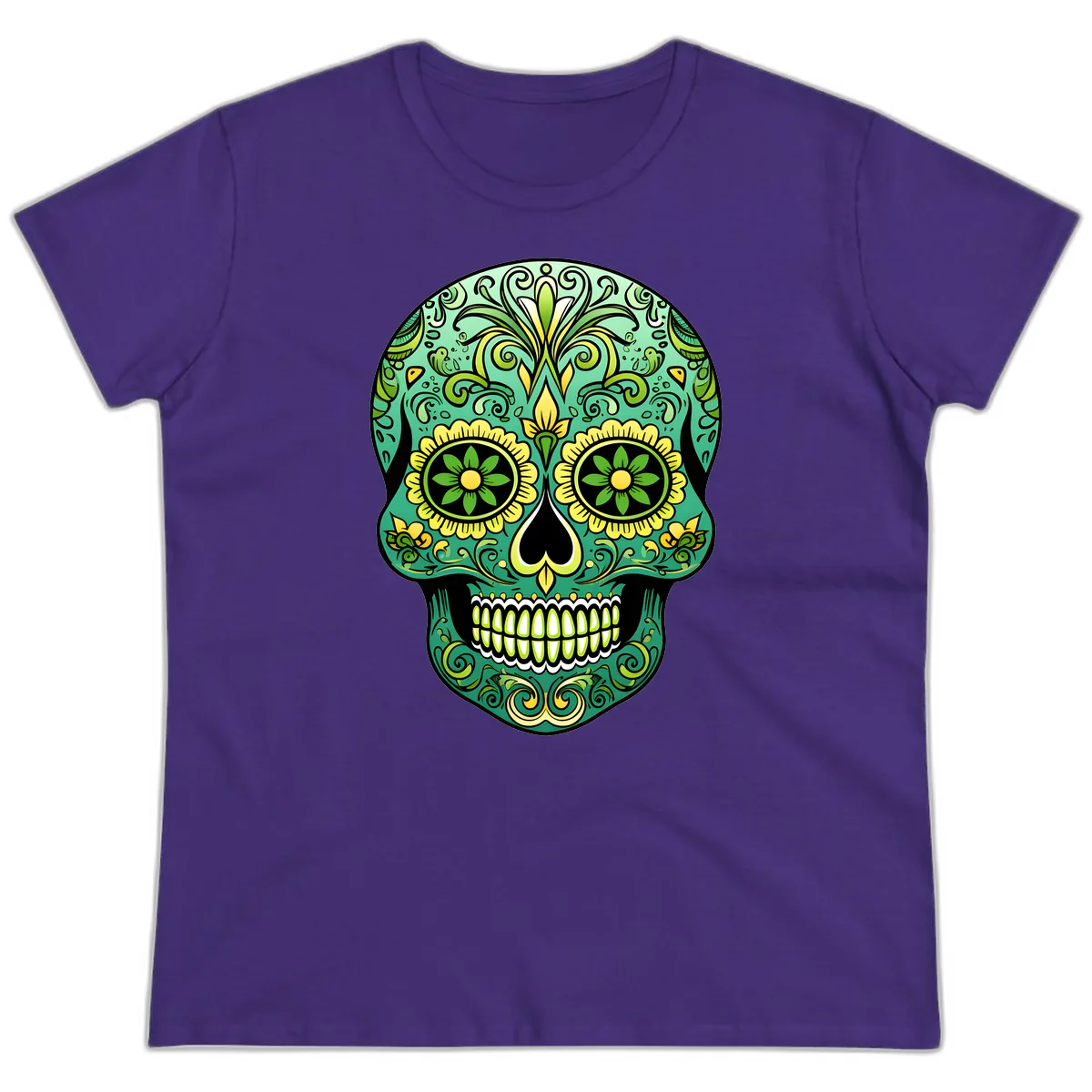 Ornate Emerald Calavera Sugar Skull Design Ladies Tee in Purple