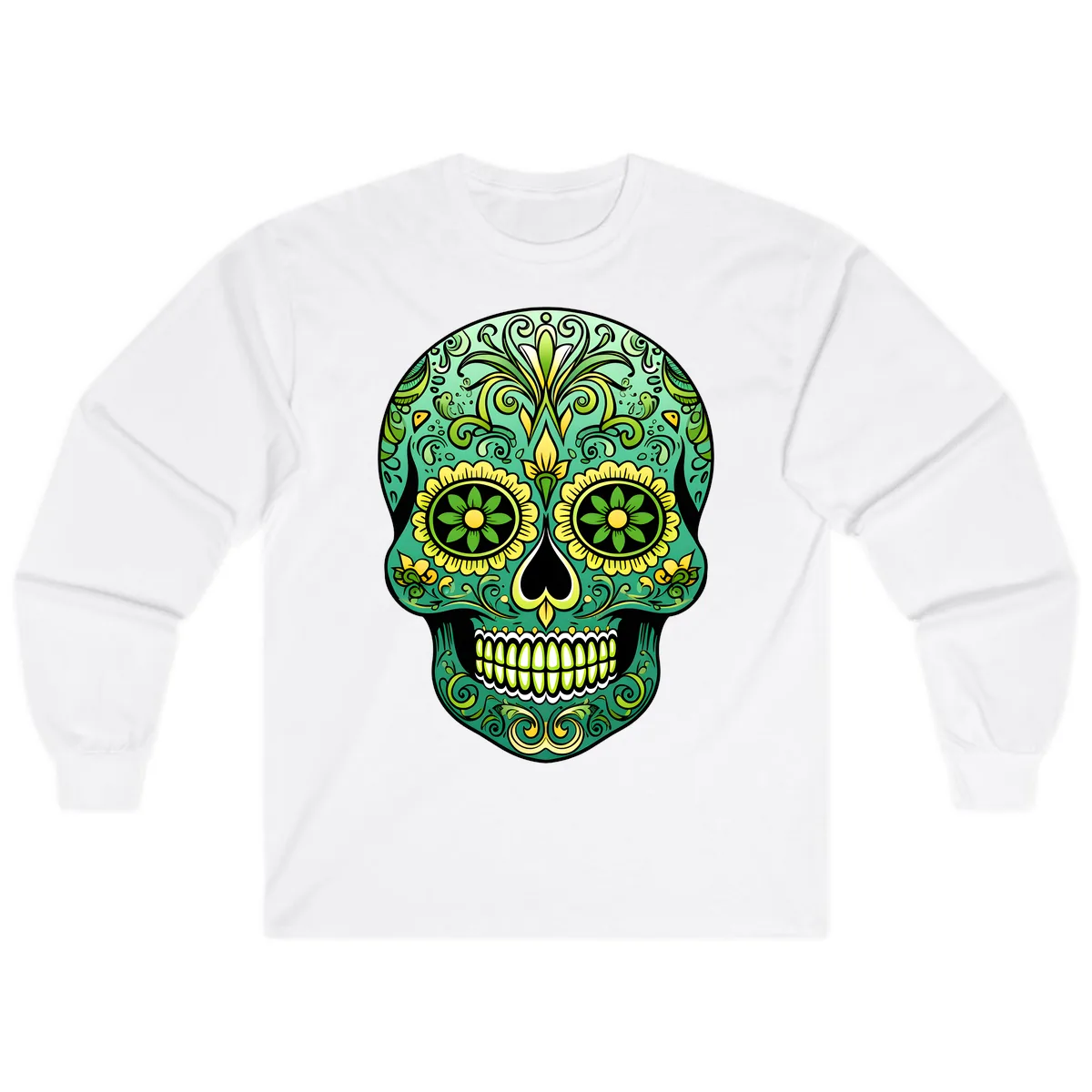 Ornate Emerald Calavera Sugar Skull Design Long Sleeve in White
